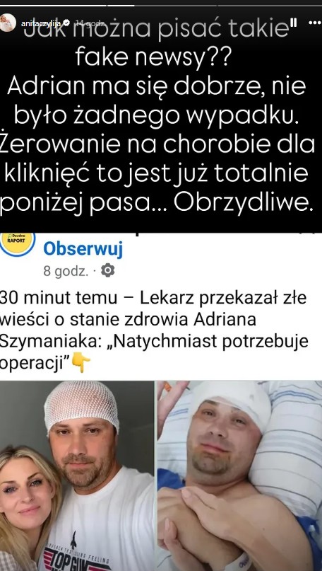 Zdjęcie „Obrzydliwe” - Anita Szydłowska ostro o doniesianiach na temat zdrowia Adriana! #1