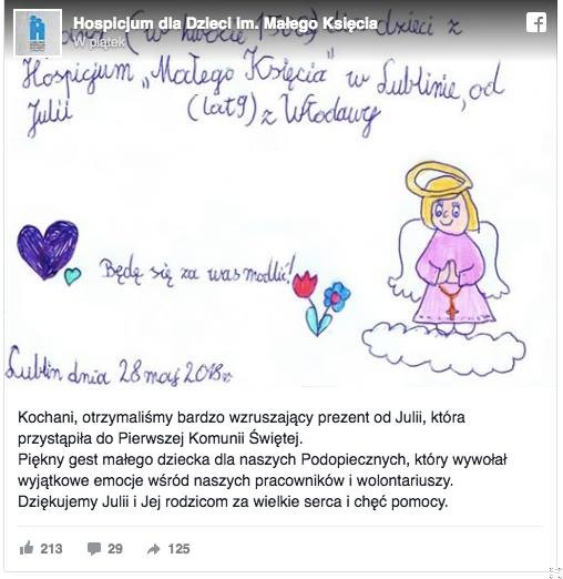 Zdjęcie Pieniądze z pierwszej komunii świętej ofiarowała hospicjum dla dzieci. Niesamowity gest 9-latki! #1