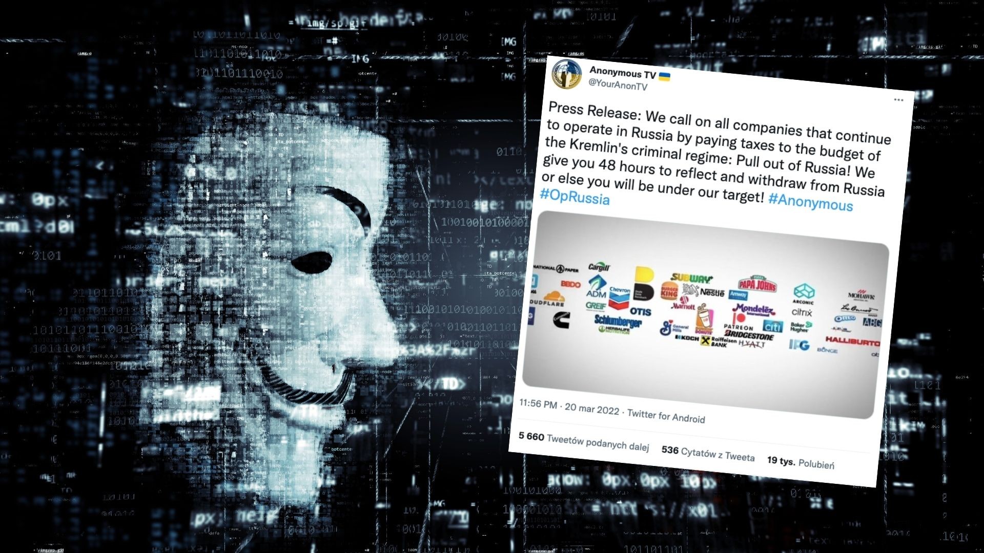 Anonymous stawiają ultimatum firmom, które nie wycofały się z rosyjskiego rynku