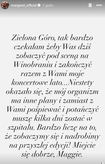 Zdjęcie Margaret w ostatniej chwili odwołała koncert. Artystka trafiła do szpitala #1